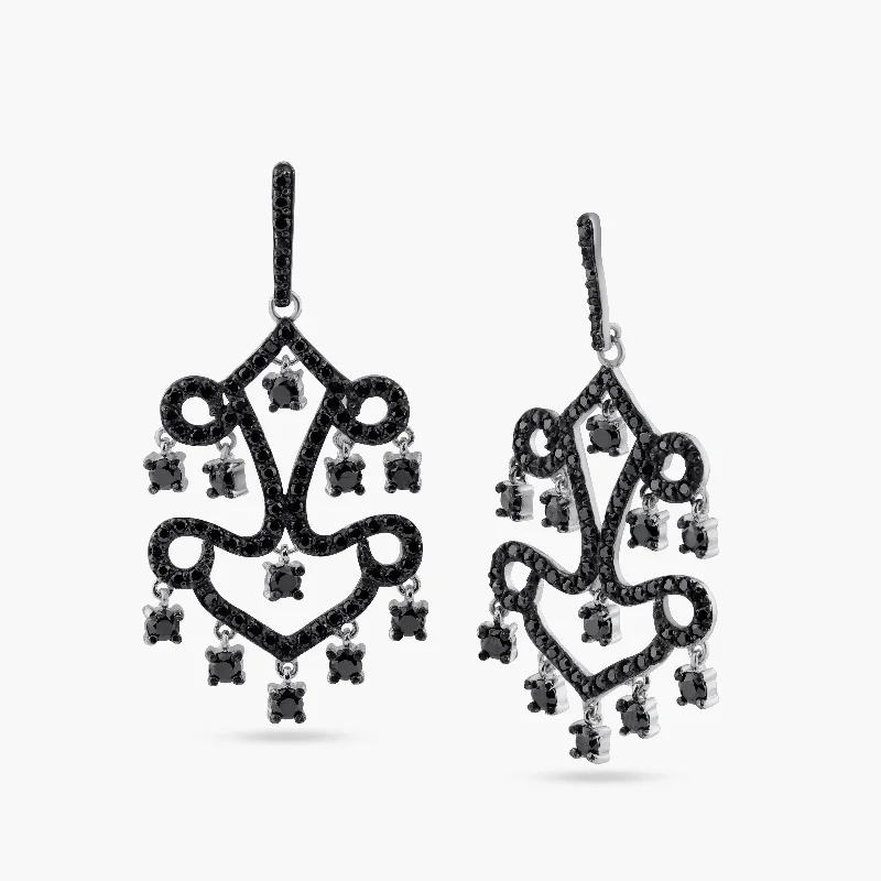 Clearance-Silver 925 Oxidized Rhodium Plated Round Black CZ Dangling Chandelier Stud Earrings - STE00713