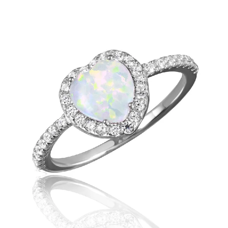 Silver 925 Rhodium Plated Halo Heart Ring with Synthetic Opal and CZ - BGR01046