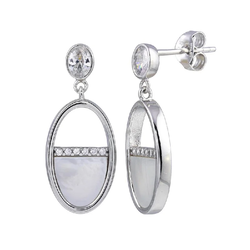 Rhodium Plated 925 Sterling Silver Dangling Oval Mother of Pearl CZ Earring - STE01237