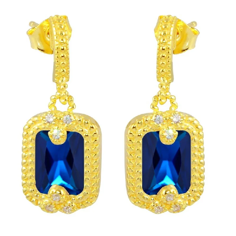 Gold Plated 925 Sterling Silver Blue Rectangle Dangling Earrings - BGE00561BLU