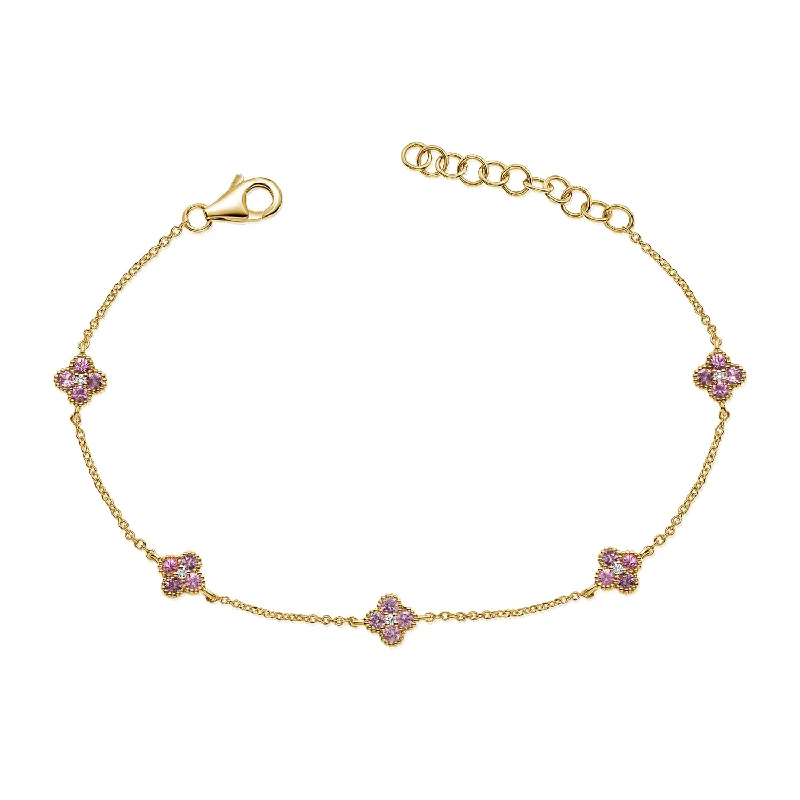 14K Gold Pink Sapphire & Diamond Clover Bracelet