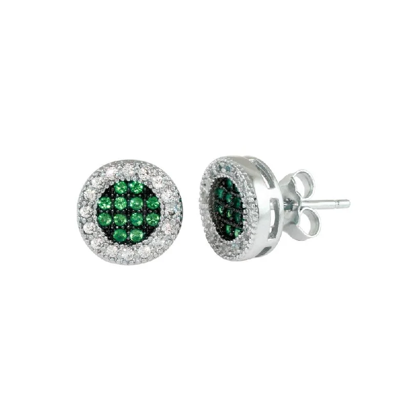 Rhodium Plated 925 Sterling Silver Clear and Green CZ Halo Stud Earrings - BGE00631GRN