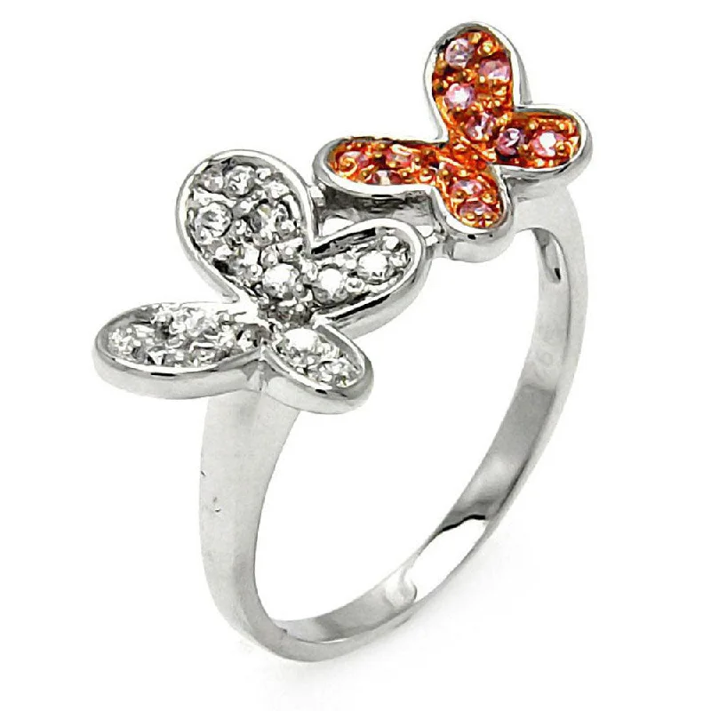 Clearance-Silver 925 Rhodium and Rose Gold Plated Pink and Clear CZ Butterfly Ring - STR00004PNK-CLR