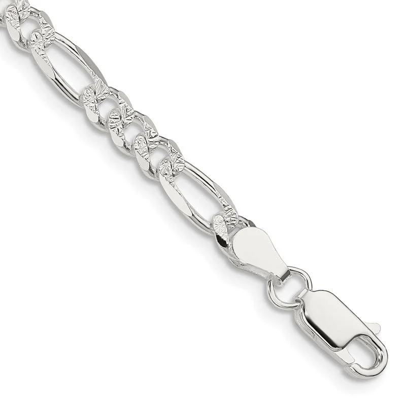 Sterling Silver 4.75mm Pav‚ Flat Figaro Chain Bracelet