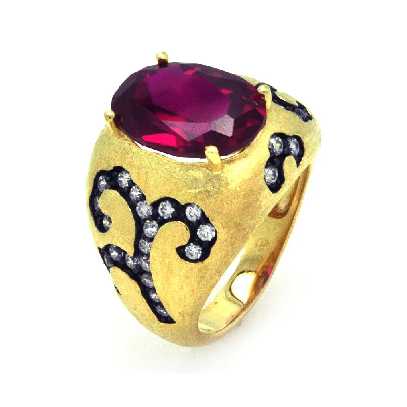 Clearance-Silver 925 Black Rhodium and Gold Plated Red Center and Clear CZ Cigar Band Ring - STR00856