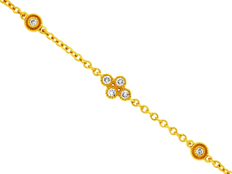 Bezel Set White Diamond Single Clover Bracelet with Diamond Stations set in 14kt Gold