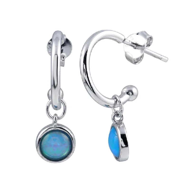 Rhodium Plated 925 Sterling Silver Semi Hoop Dangling Blue Opal Earring - STE01223BLUE