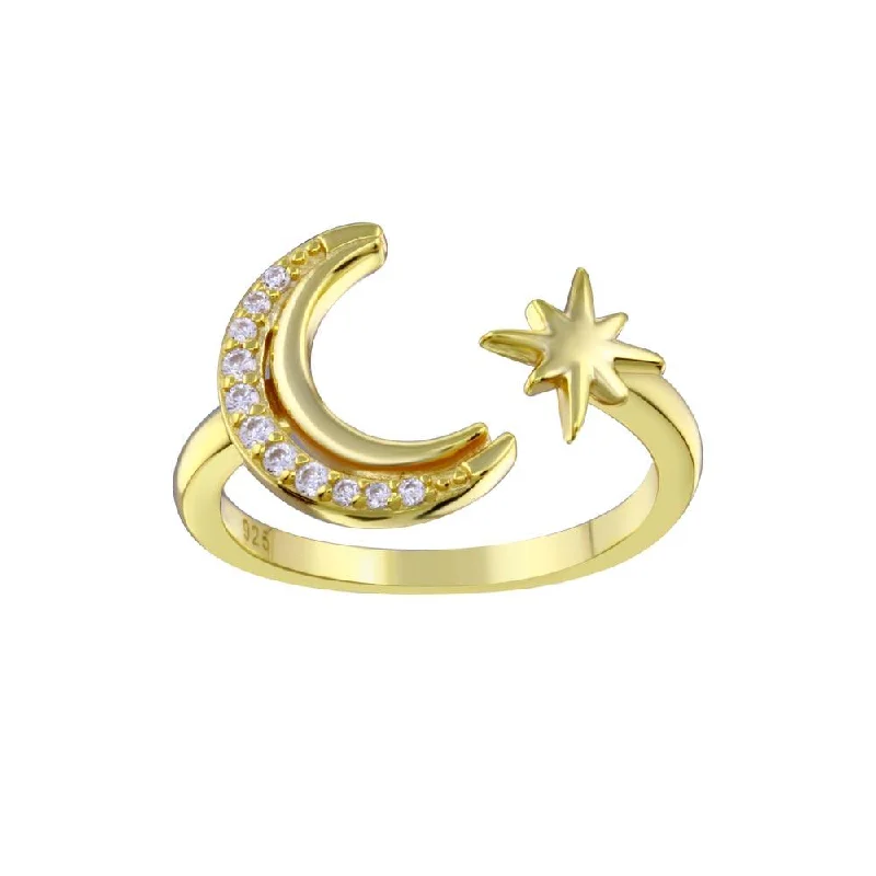 Gold Plated 925 Sterling Silver Cresent Moon and Star CZ Ring - STR01137GP