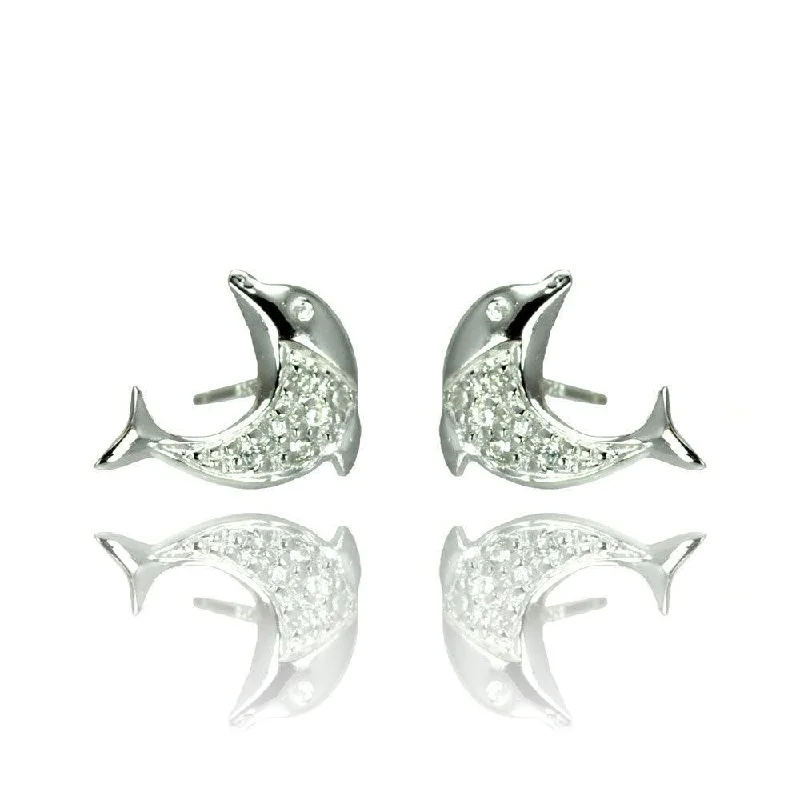 Silver 925 Rhodium Plated Dolphin CZ Stud Earrings - STE00905