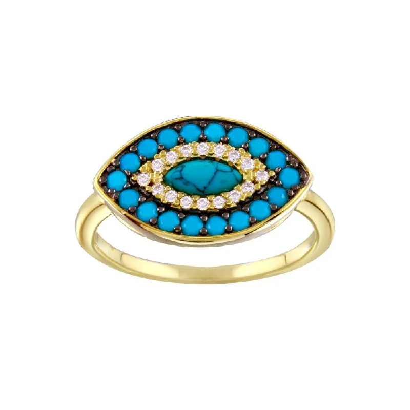 Gold Plated 925 Sterling Silver Turquoise Clear CZ Evil Eye Ring - BGR01338GP