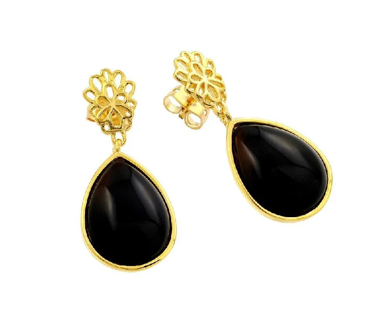 Silver 925 Gold Plated Open Flower Teardrop Onyx Dangling Stud Earrings - BGE00365