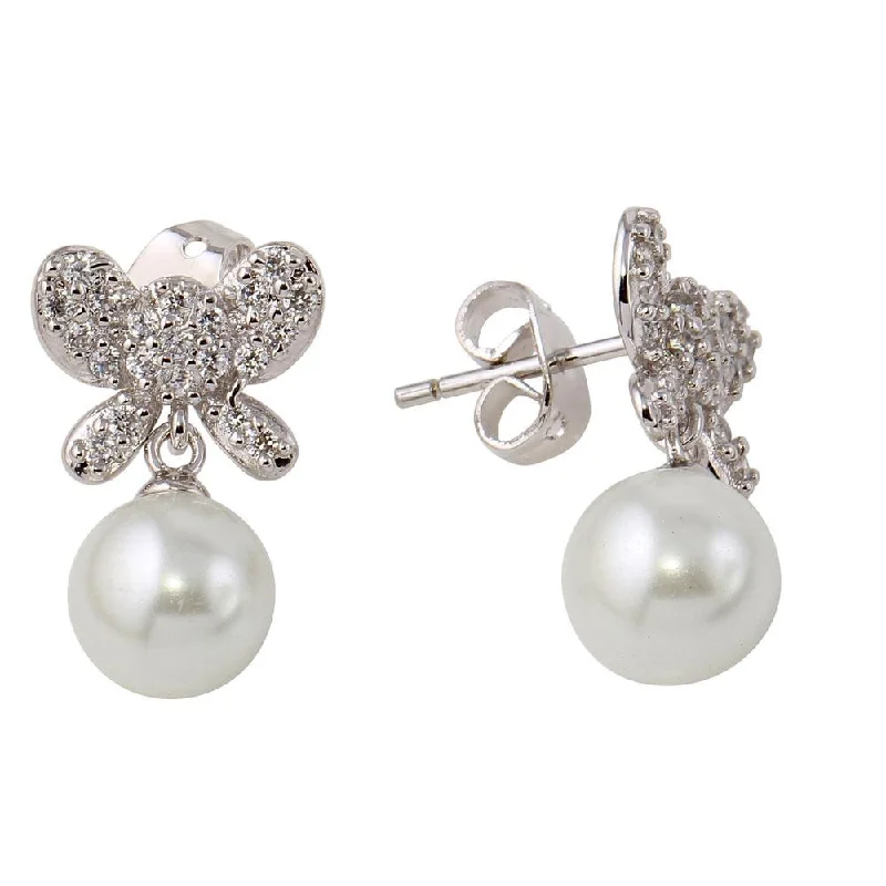 Rhodium Plated 925 Sterling Silver Butterfly Earrings with Dangling Synthetic Pearl - BGE00422