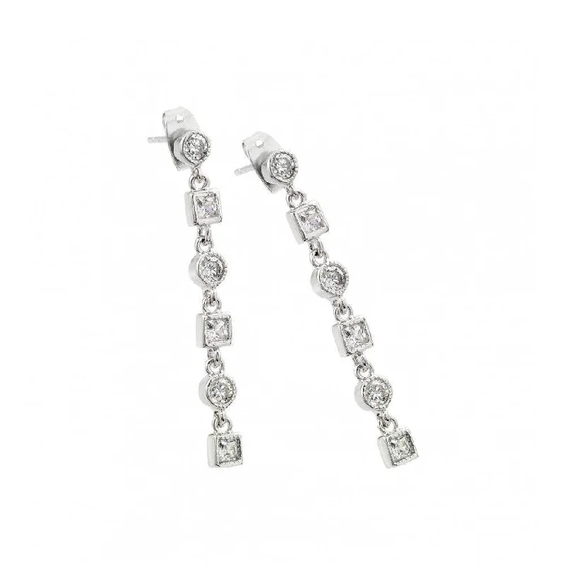 Silver 925 Rhodium Plated Round and Square Clear CZ Dangling Stud Earrings - BGE00416