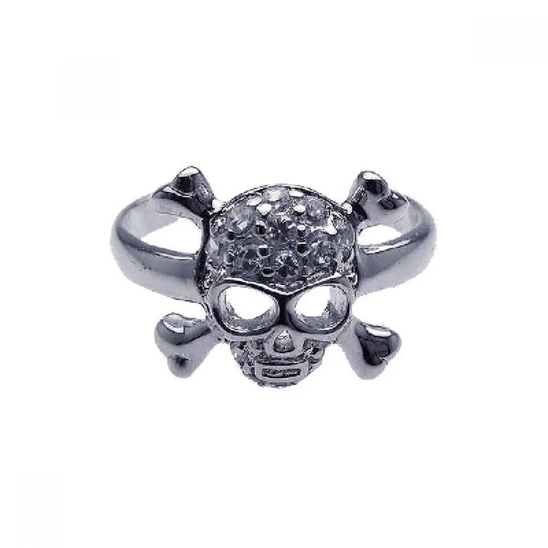 Silver 925 Rhodium Plated Clear CZ Skull Cross Bone Toe Ring - CZTR10