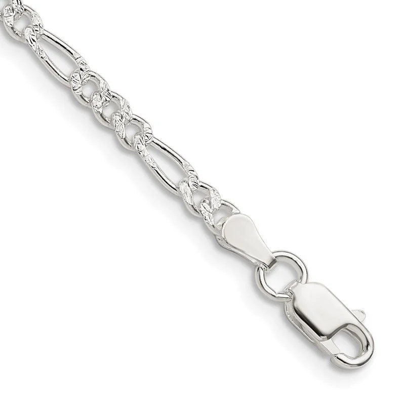 Sterling Silver 3mm Pav‚ Flat Figaro Chain Bracelet