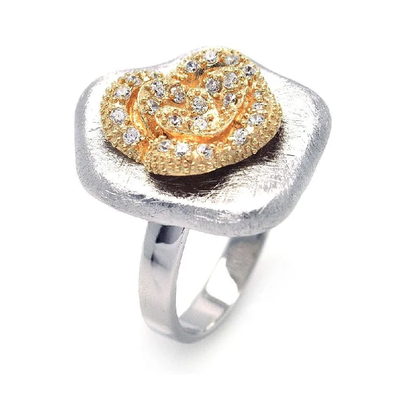 Clearance-Silver 925 Rhodium and Gold Plated Matte Finish Clear CZ Flower Ring - BGR00260