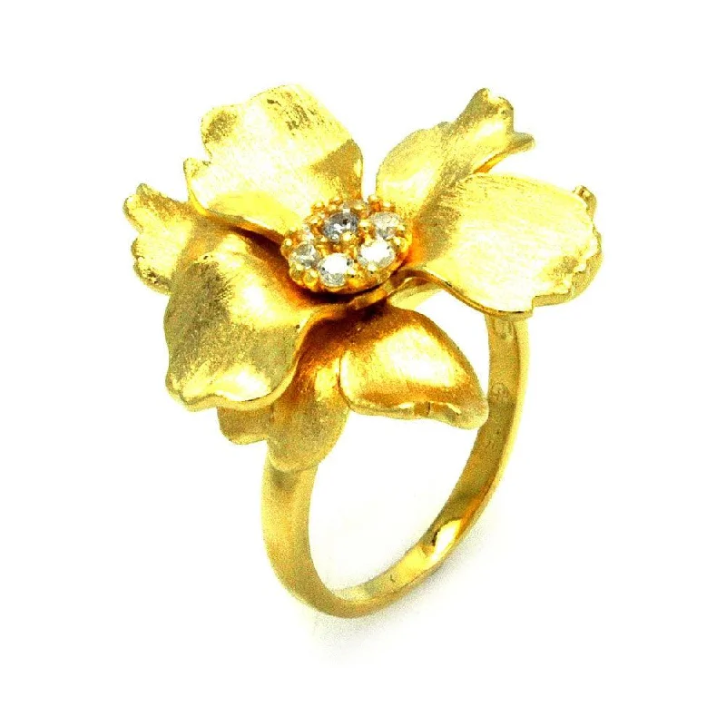 Clearance-Silver 925 Gold Plated Matte Finish Clear CZ Flower Ring - STR00881