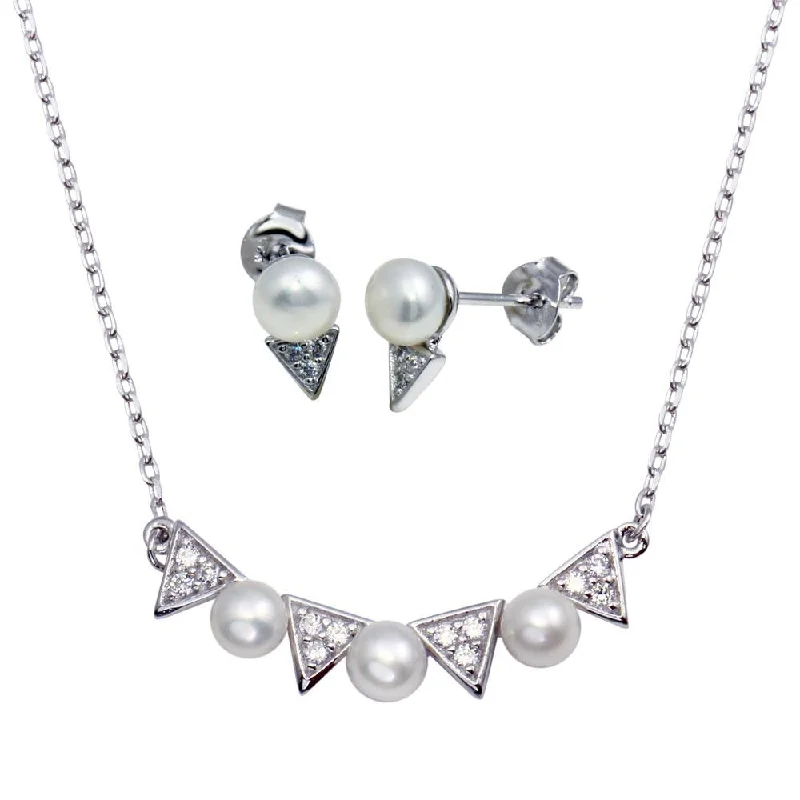 Rhodium Plated 925 Sterling Silver Triangle and Synthetic Pearl Pendant Necklace and Stud Earrings Set - BGS00555