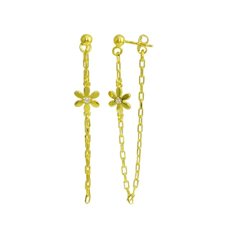 Gold Plated 925 Sterling Silver Dangling Flower CZ Earring - ITE00087-GP