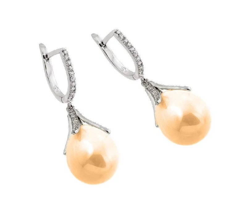 Silver 925 Rhodium Plated Channel CZ Champagne Synthetic Pearl Lever Back Earrings - BGE00262