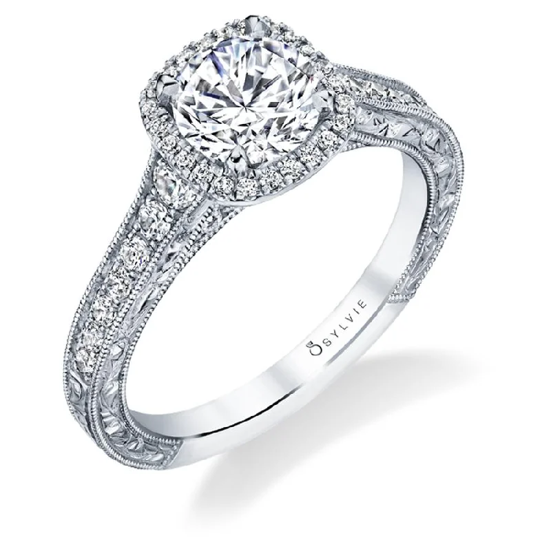 Sylvie Collection 14K White Gold Round Halo Engagement Ring Setting W. 1Ct Round Halo