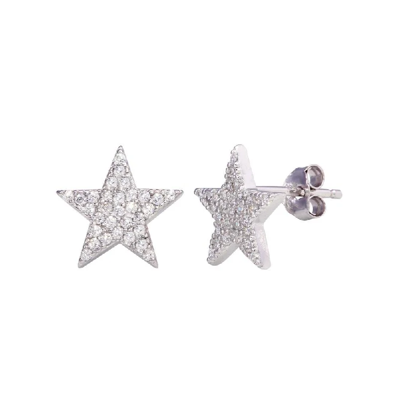 Rhodium Plated 925 Sterling Silver CZ Star Stud Earrings - STE01201