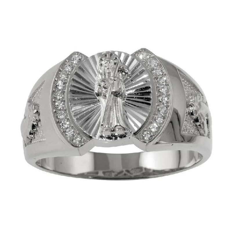 Rhodium Plated 925 Sterling Silver Santa Muerte Ring with CZ - GMR00233RH