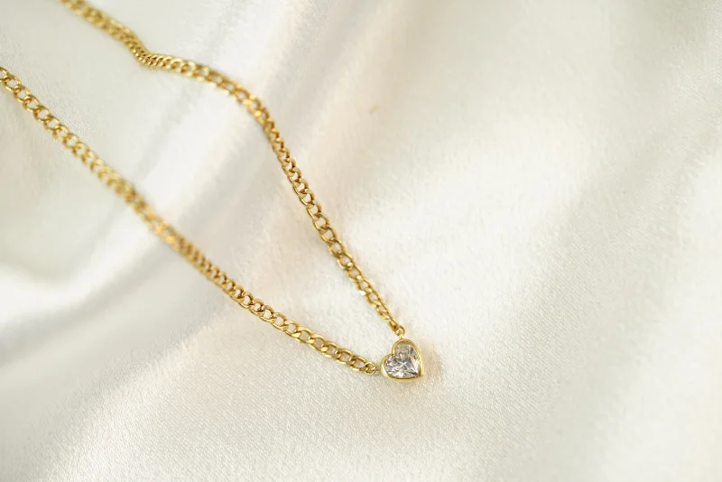 14k Crystal Heart Cuban Link Chain Necklace