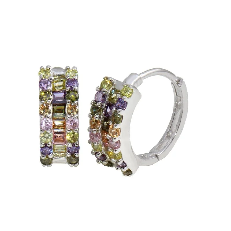 Rhodium Plated 925 Sterling Silver Multi-Colored CZ Stone huggie hoop Earrings - GME00064RBC