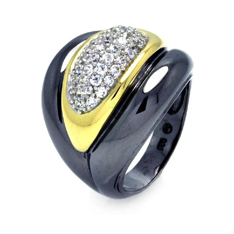 Clearance-Silver 925 Rhodium Black Rhodium and Gold Plated 3 Toned Clear CZ Wide Ring - BGR00293