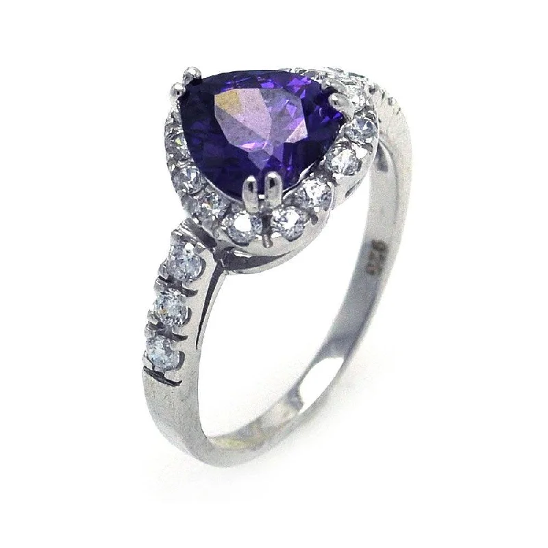 Silver 925 Rhodium Plated Purple and Clear Cluster CZ Heart Ring - STR00698PUR