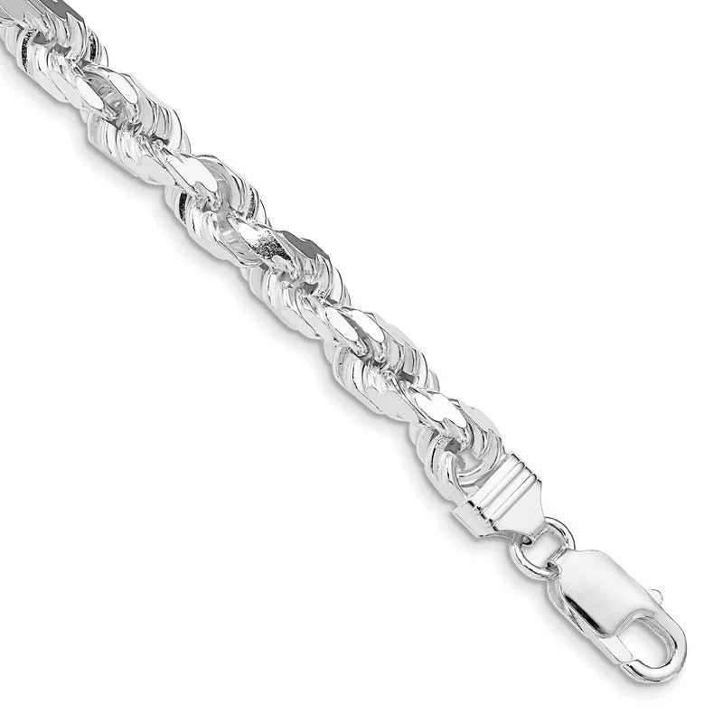 Sterling Silver Rhodium-plated 7mm Diamond-cut Rope Chain Bracelet