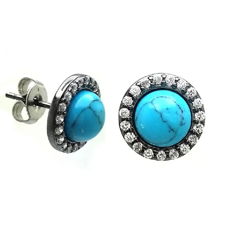 Silver 925 Black Rhodium Plated Round Clear CZ Turquoise Center Stud Earrings - BGE00408