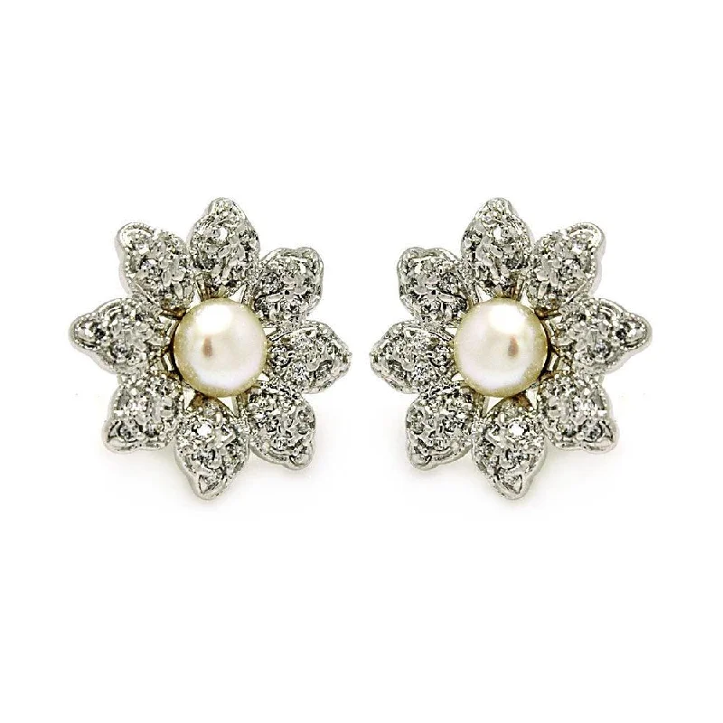 Silver 925 Rhodium Plated Flower CZ Inlay Center Pearl Stud Earrings - BGE00214