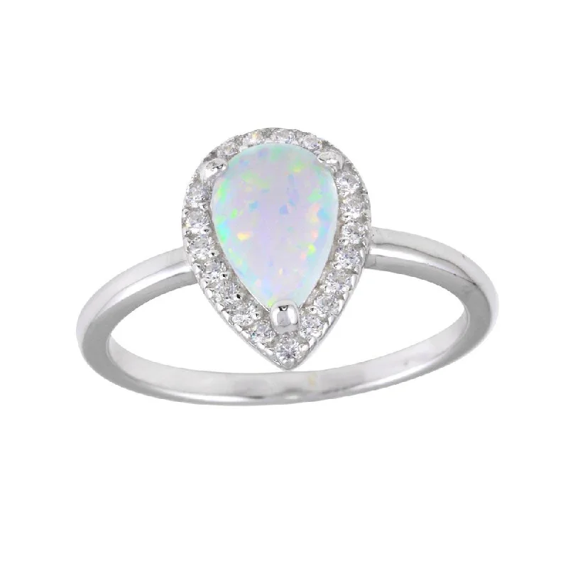 Rhodium Plated 925 Sterling Silver Teardrop Synthetic Opal CZ Ring - BGR01258