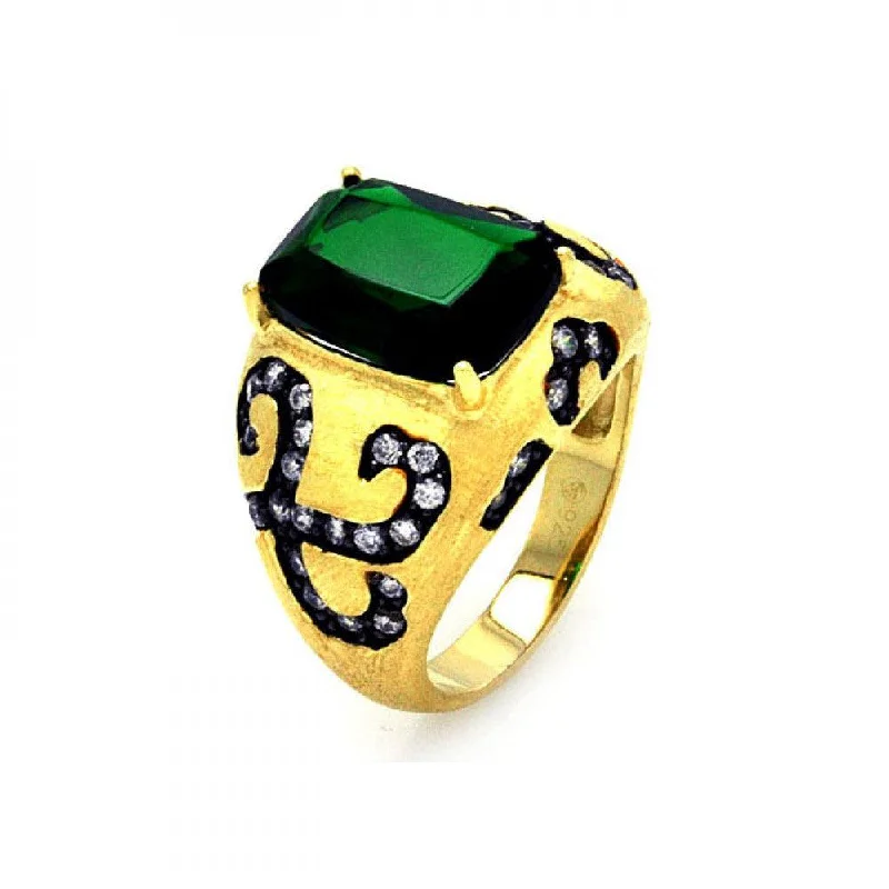 Clearance-Silver 925 Black Rhodium and Gold Plated Green Center and Clear CZ Cigar Band Ring - STR00855