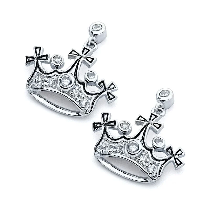 Silver 925 Rhodium Plated Crown CZ Inlay Dangling Stud Earrings - BGE00362