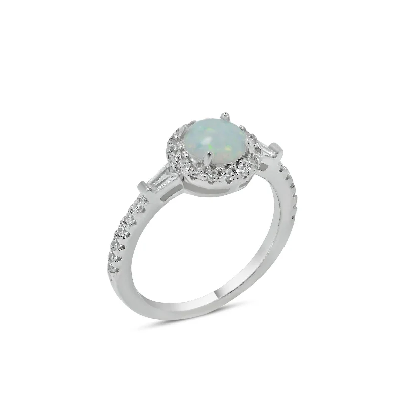 Rhodium Plated 925 Sterling Silver Round Halo Opal CZ Ring - BGR01303