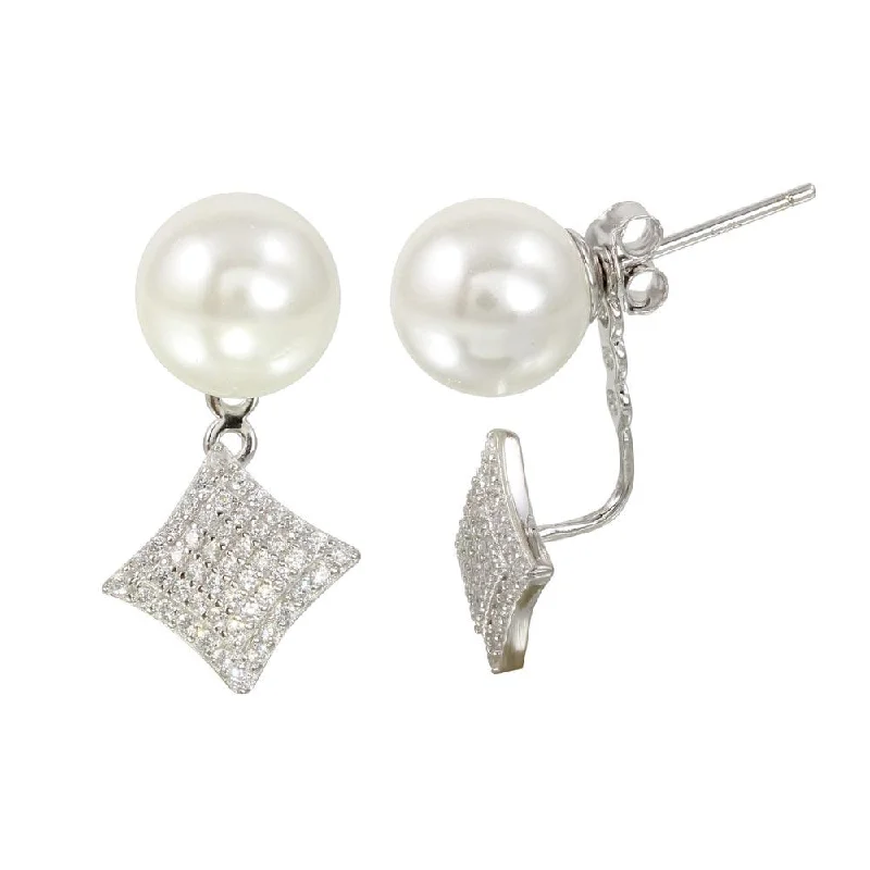 Rhodium Plated 925 Sterling Silver Synthetic Pearl and Diamond-Shaped Front and Back Earrings with CZ - BGE00568