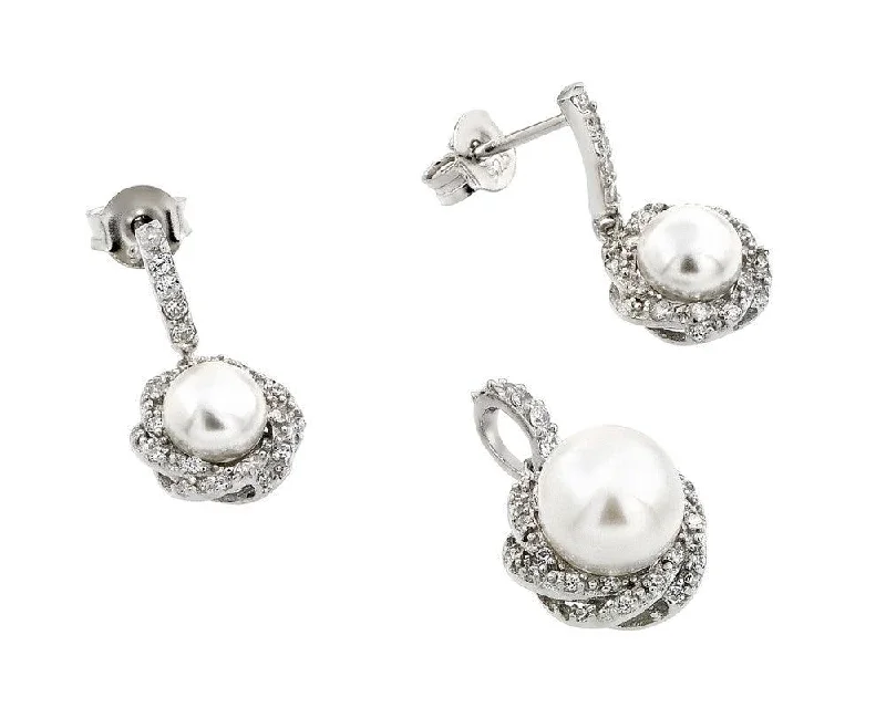 Silver 925 Rhodium Plated Twist Desing CZ Center Pearl Dangling Stud Earring and Necklace Set - STS00479