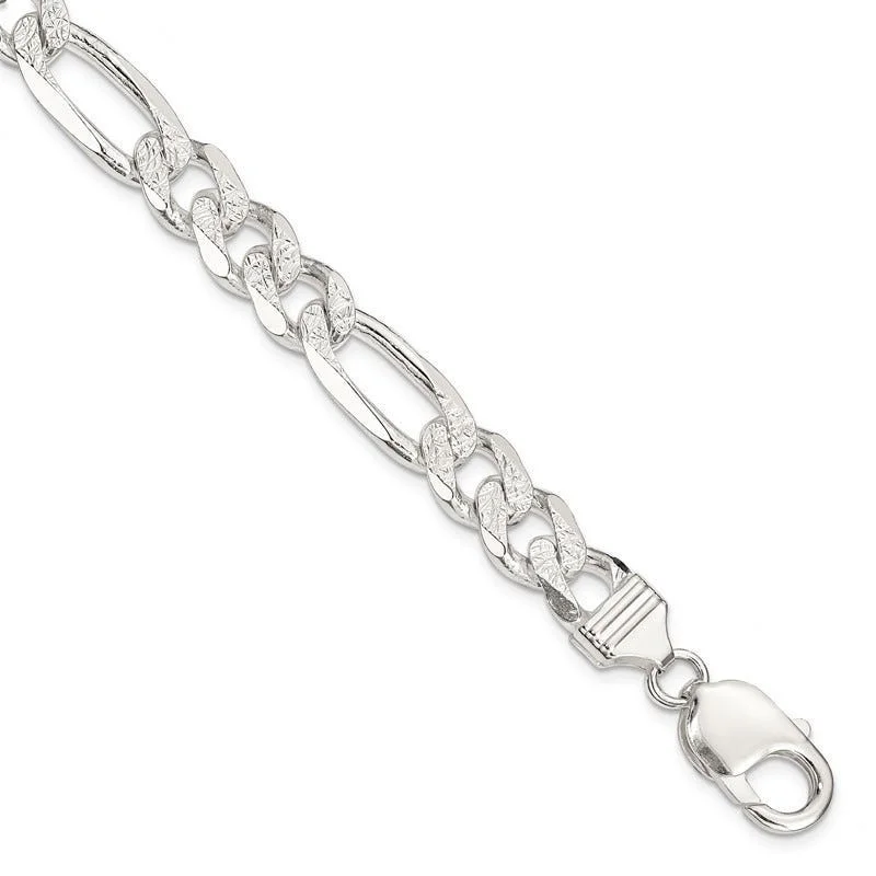 Sterling Silver 9.5mm Pav‚ Flat Figaro Chain Bracelet