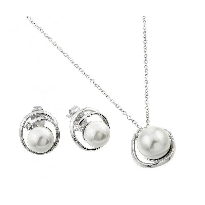 Silver 925 Rhodium Plated Pearl Winding Wrap Single Clear CZ Stud Earring and Necklace Set - BGS00447