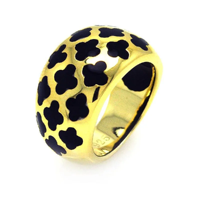 Clearance-Sterling Silver Gold Plated Black Enamel Clover Ring - STR00665