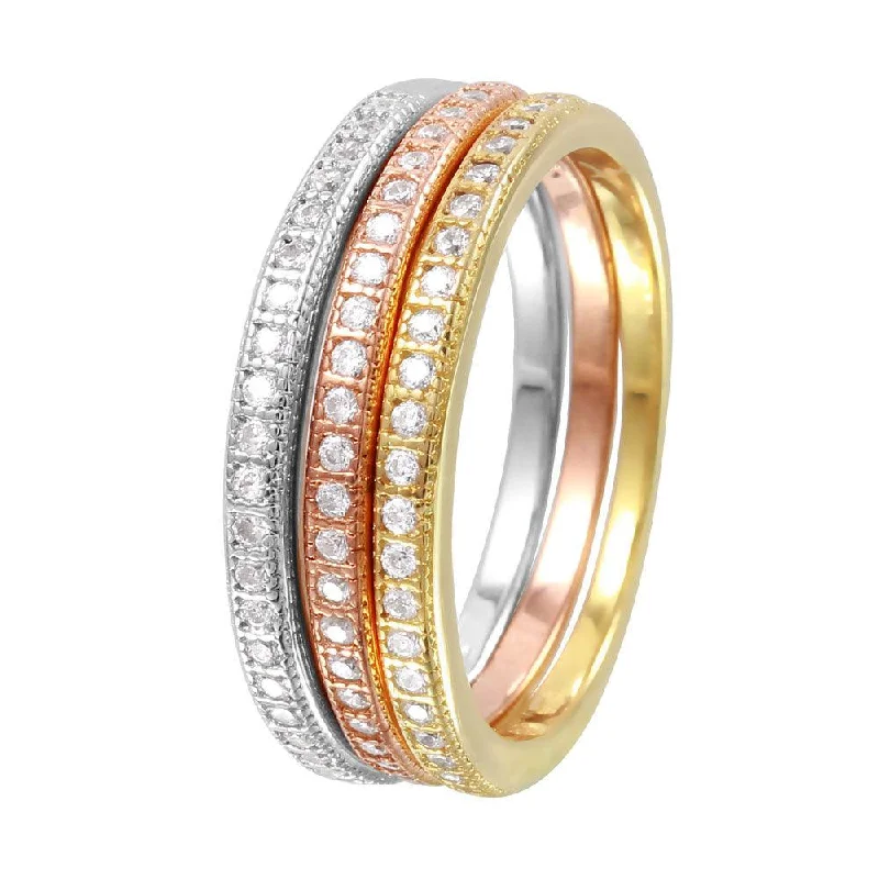 Silver 925 Rhodium Plated Tri Color Stackable Rings - BGR00998