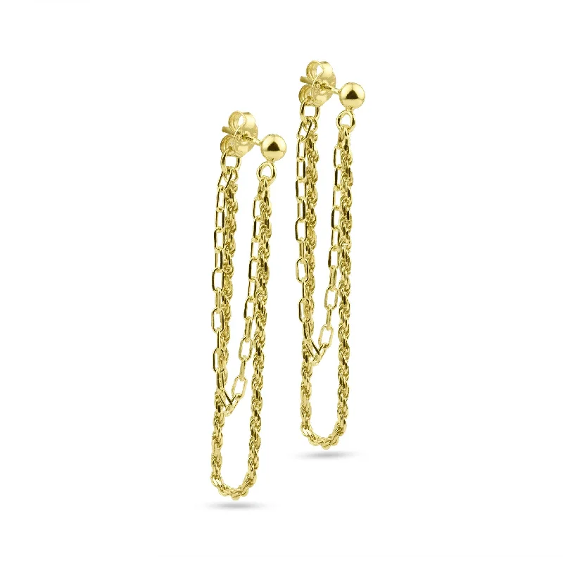 Gold Plated 925 Sterling Silver Double Strand Rope and Paperclip Stud Earring - ITE00092-GP