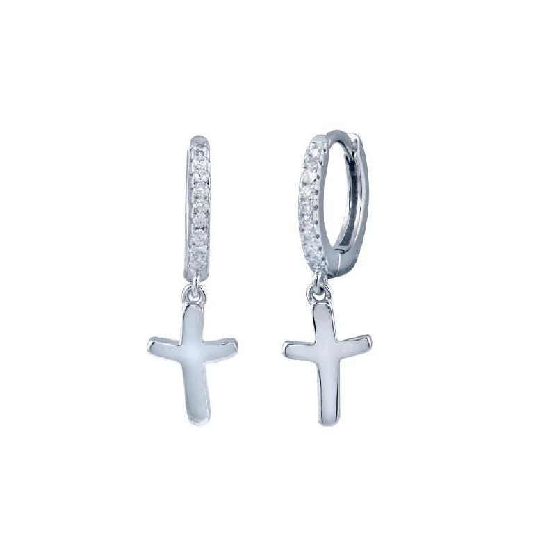 Rhodium Plated 925 Sterling Silver huggie hoop Cross CZ Earring - STE01301