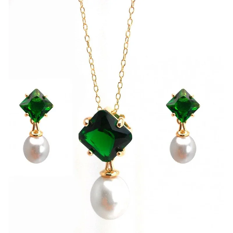 Silver 925 Gold Plated Pearl Drop Diamond Shaped Green CZ Dangling Stud Earring and Dangling Necklace Set - BGS00432GRN