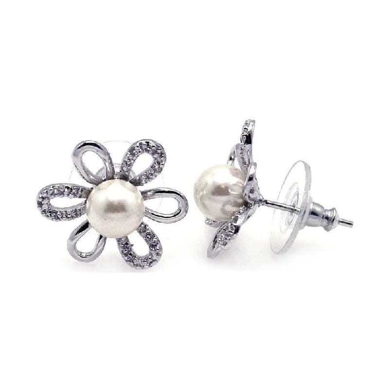 Silver 925 Rhodium Plated Sunflower CZ Synthetic Pearl Stud Earrings - BGE00111