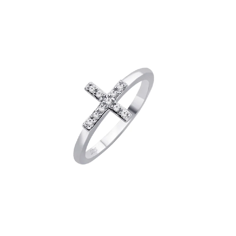 Silver 925 Rhodium Plated Clear CZ Mini Cross Ring - BGR00614