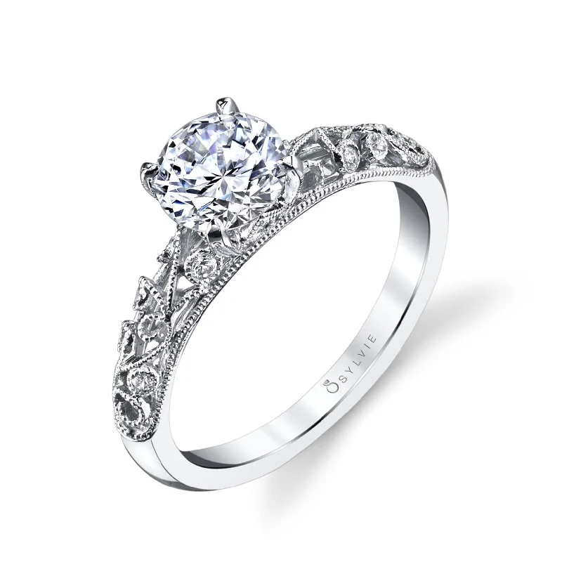 Sylvie Collection 14K White Gold Round Engagement Ring Setting W. 0.10Ct Round 1/2 Way